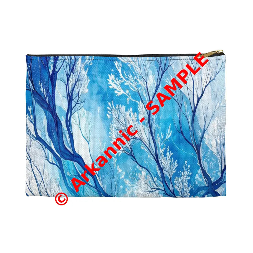 Ethereal Winter Nocturne: Fractal Blue Branches Misty Landscape Watercolor Accessory Pouch Small / Black zipper Bags