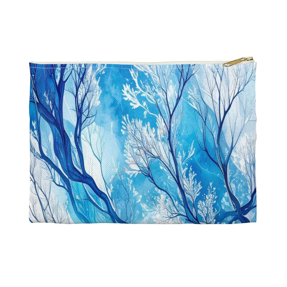 Ethereal Winter Nocturne: Fractal Blue Branches Misty Landscape Watercolor Accessory Pouch Small / White zipper Bags