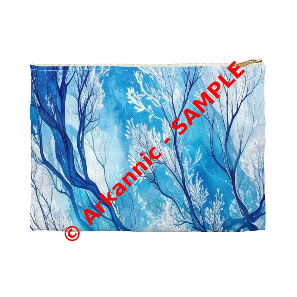 Ethereal Winter Nocturne: Fractal Blue Branches Misty Landscape Watercolor Accessory Pouch Small / White zipper Bags