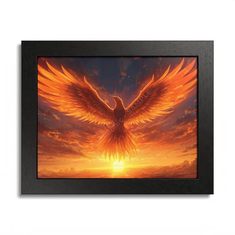 Framed Poster Majestic Phoenix Soaring Across a Blazing Sunset Sky 10’’ x 8’’ (Horizontal) / Semi Glossy / Black Poster