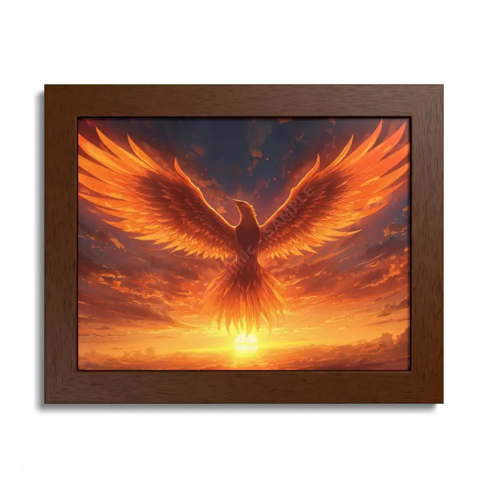 Framed Poster Majestic Phoenix Soaring Across a Blazing Sunset Sky 10’’ x 8’’ (Horizontal) / Semi Glossy / Brown Poster