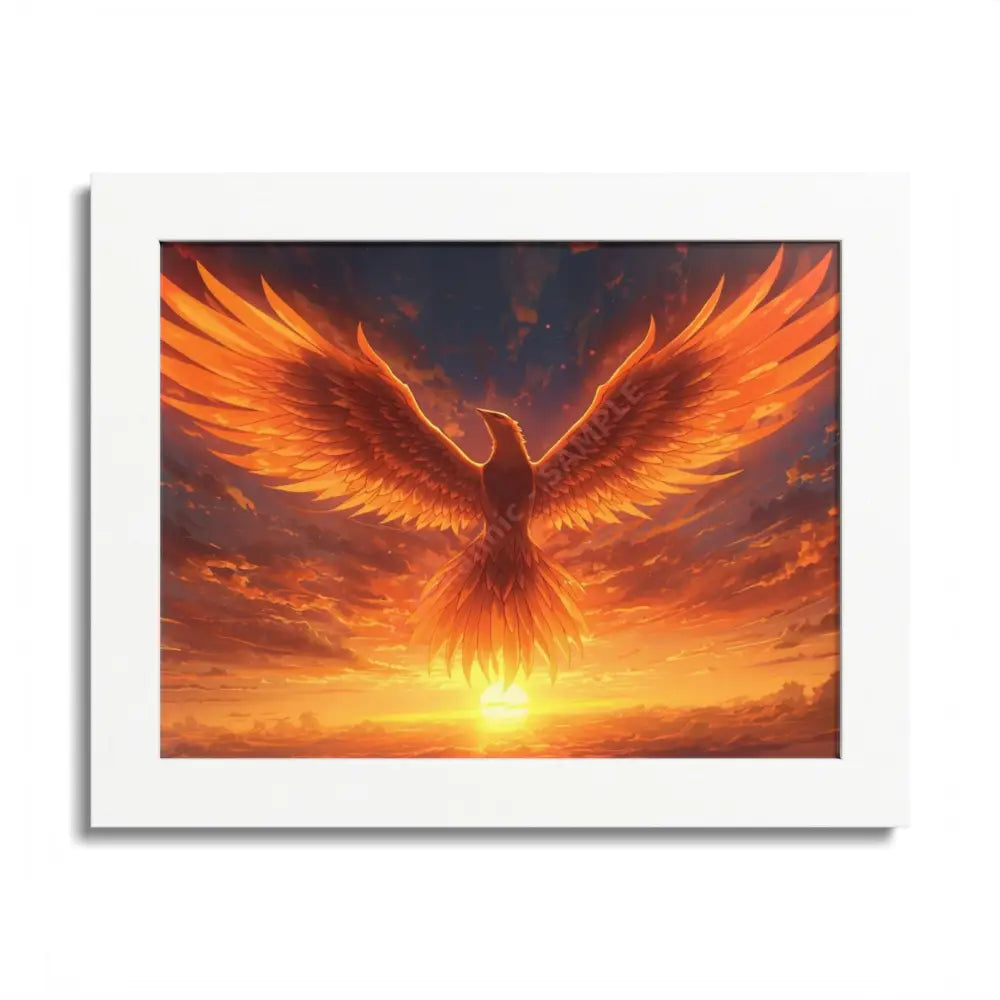 Framed Poster Majestic Phoenix Soaring Across a Blazing Sunset Sky 10’’ x 8’’ (Horizontal) / Semi Glossy / White Poster