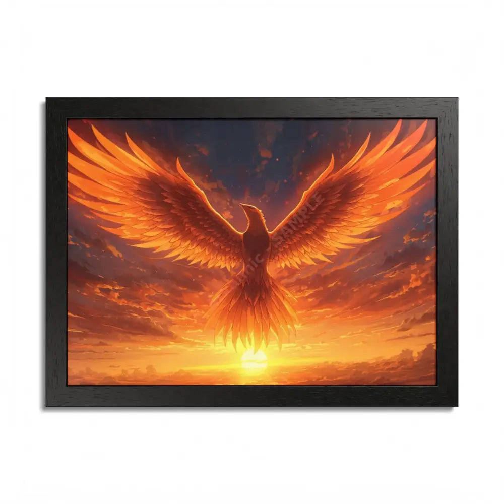 Framed Poster Majestic Phoenix Soaring Across a Blazing Sunset Sky 16″ x 12″ (Horizontal) / Semi Glossy / Black Poster