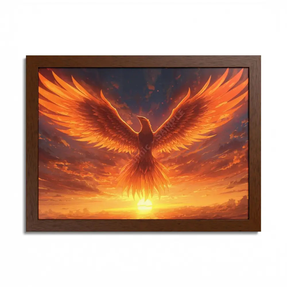 Framed Poster Majestic Phoenix Soaring Across a Blazing Sunset Sky 16″ x 12″ (Horizontal) / Semi Glossy / Brown Poster