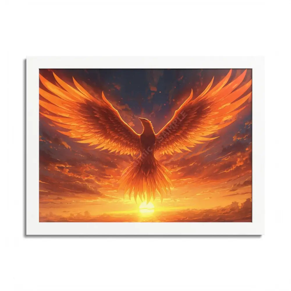 Framed Poster Majestic Phoenix Soaring Across a Blazing Sunset Sky 16″ x 12″ (Horizontal) / Semi Glossy / White Poster