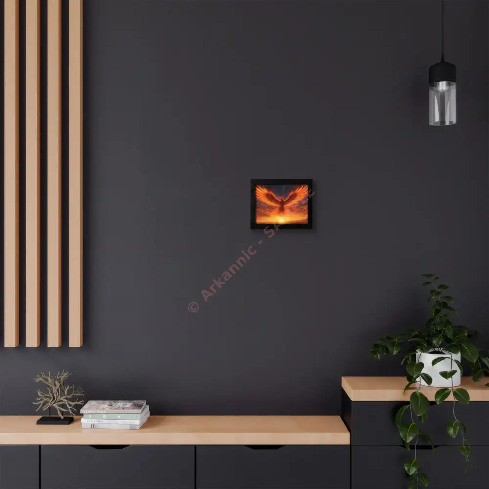 Framed Poster Majestic Phoenix Soaring Across a Blazing Sunset Sky Poster