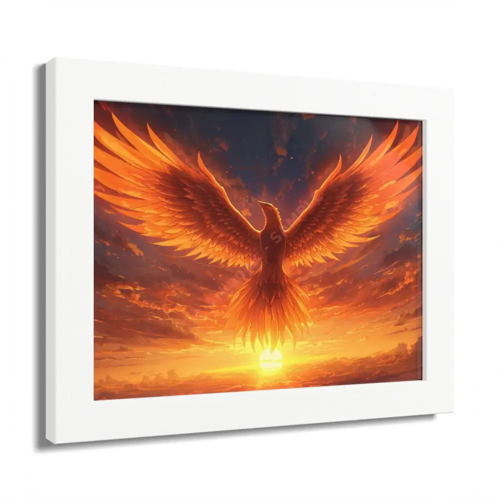 Framed Poster Majestic Phoenix Soaring Across a Blazing Sunset Sky Poster