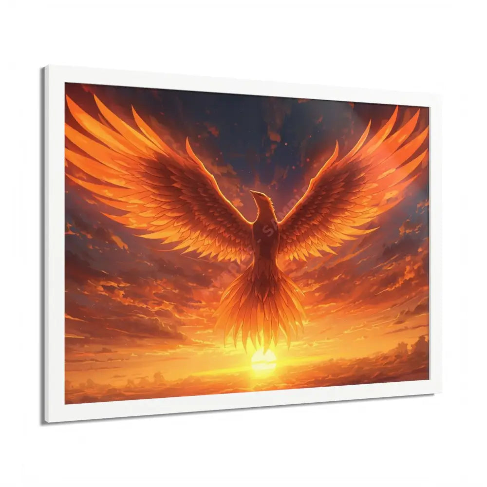 Framed Poster Majestic Phoenix Soaring Across a Blazing Sunset Sky Poster