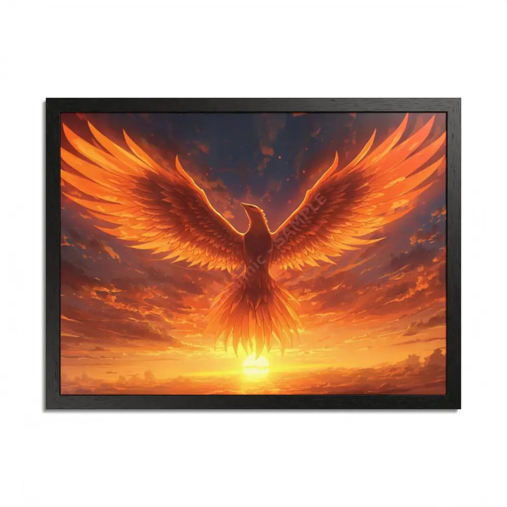 Framed Poster Majestic Phoenix Soaring Across a Blazing Sunset Sky 24″ x 18″ (Horizontal) / Semi Glossy / Black Poster