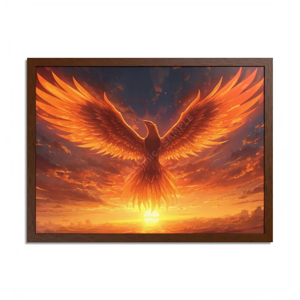 Framed Poster Majestic Phoenix Soaring Across a Blazing Sunset Sky 24″ x 18″ (Horizontal) / Semi Glossy / Brown Poster