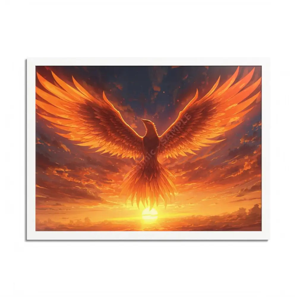 Framed Poster Majestic Phoenix Soaring Across a Blazing Sunset Sky 24″ x 18″ (Horizontal) / Semi Glossy / White Poster