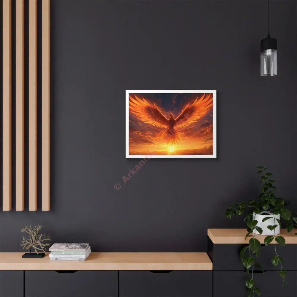 Framed Poster Majestic Phoenix Soaring Across a Blazing Sunset Sky Poster