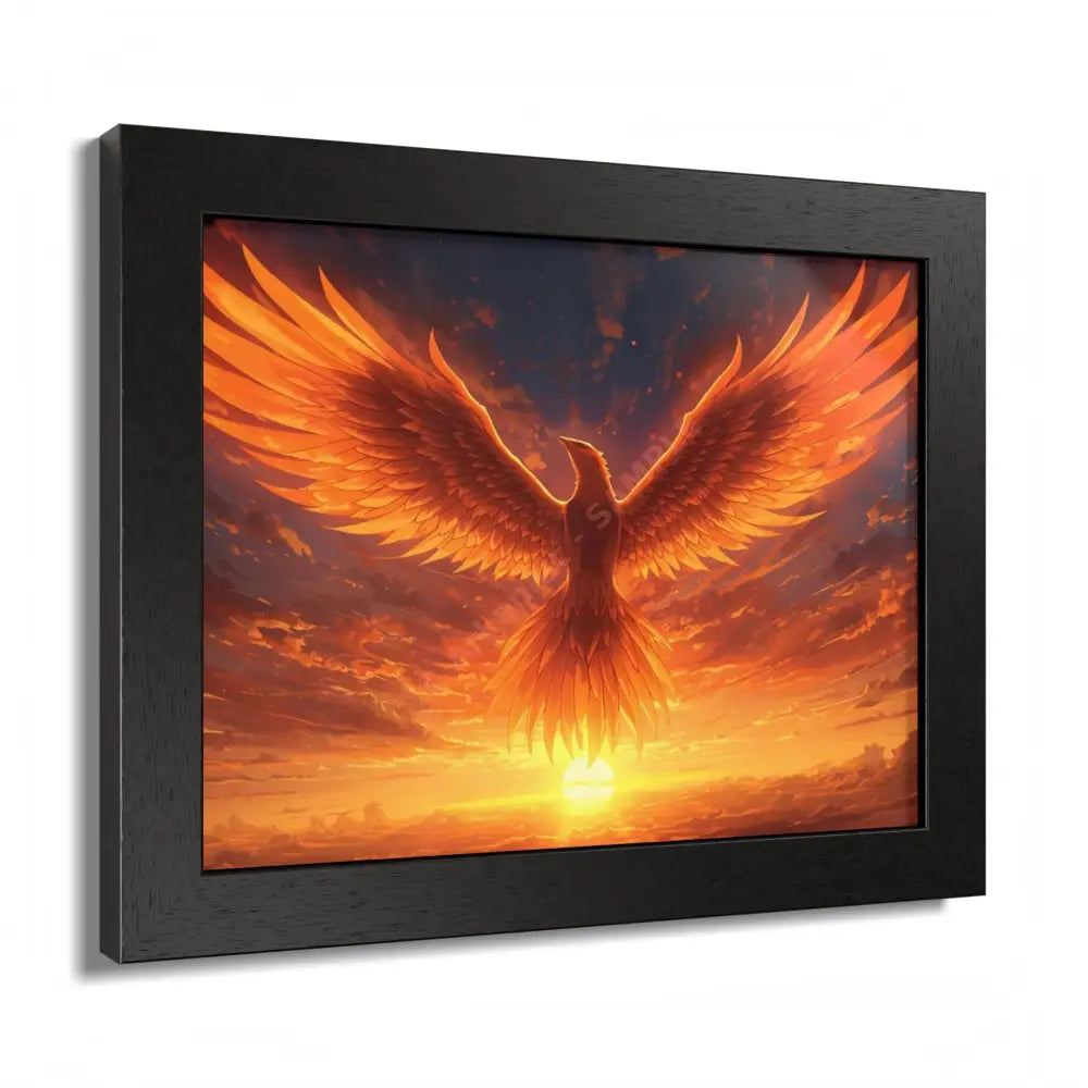 Framed Poster Majestic Phoenix Soaring Across a Blazing Sunset Sky Poster