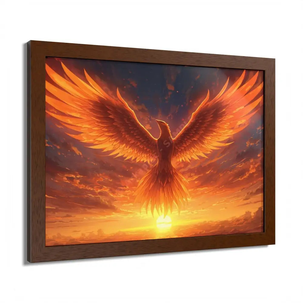 Framed Poster Majestic Phoenix Soaring Across a Blazing Sunset Sky Poster