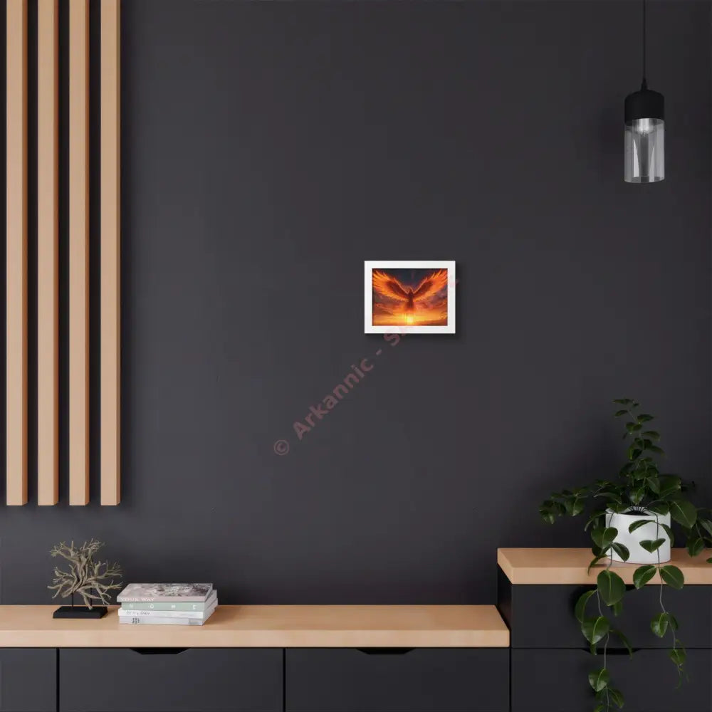 Framed Poster Majestic Phoenix Soaring Across a Blazing Sunset Sky Poster