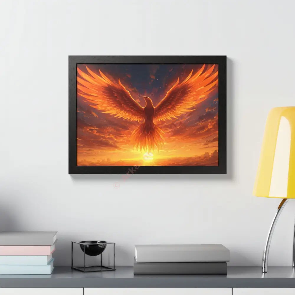 Framed Poster Majestic Phoenix Soaring Across a Blazing Sunset Sky Poster