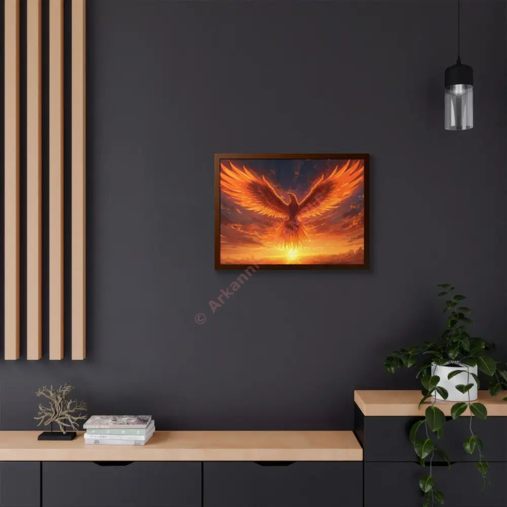 Framed Poster Majestic Phoenix Soaring Across a Blazing Sunset Sky Poster