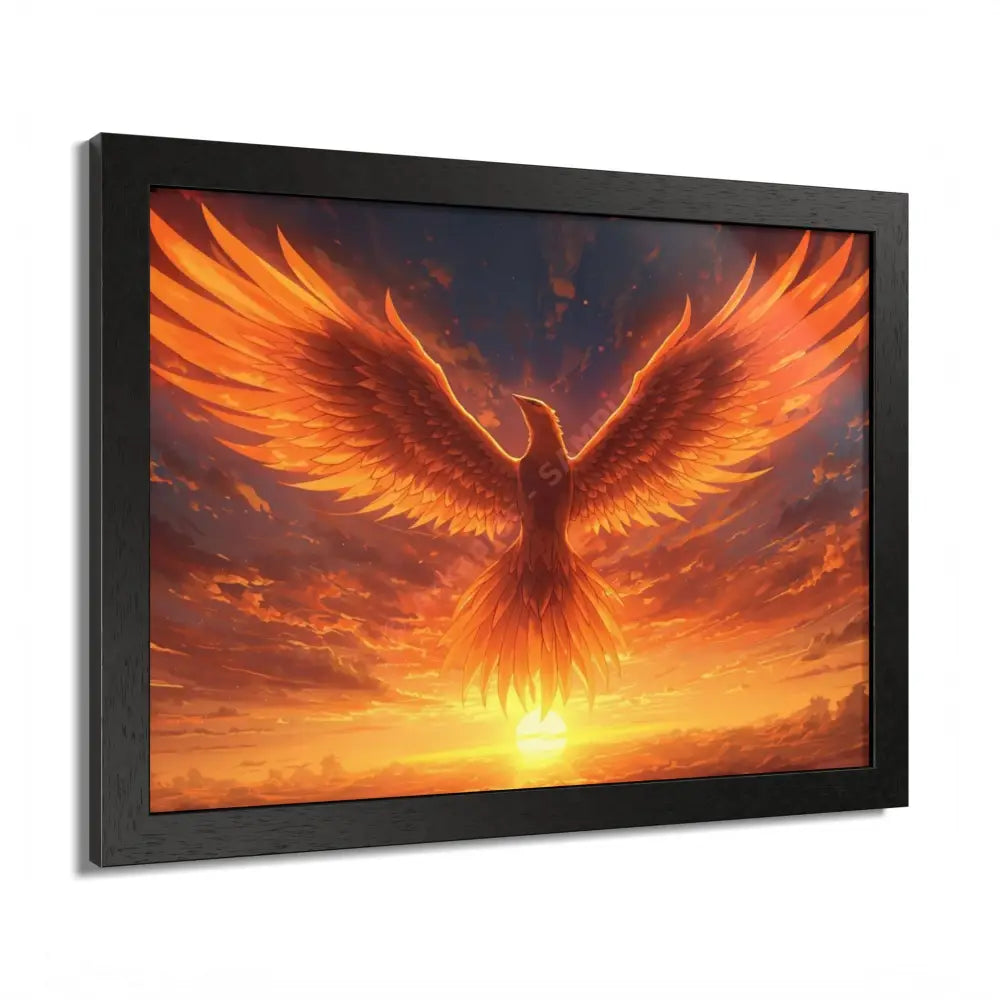 Framed Poster Majestic Phoenix Soaring Across a Blazing Sunset Sky Poster