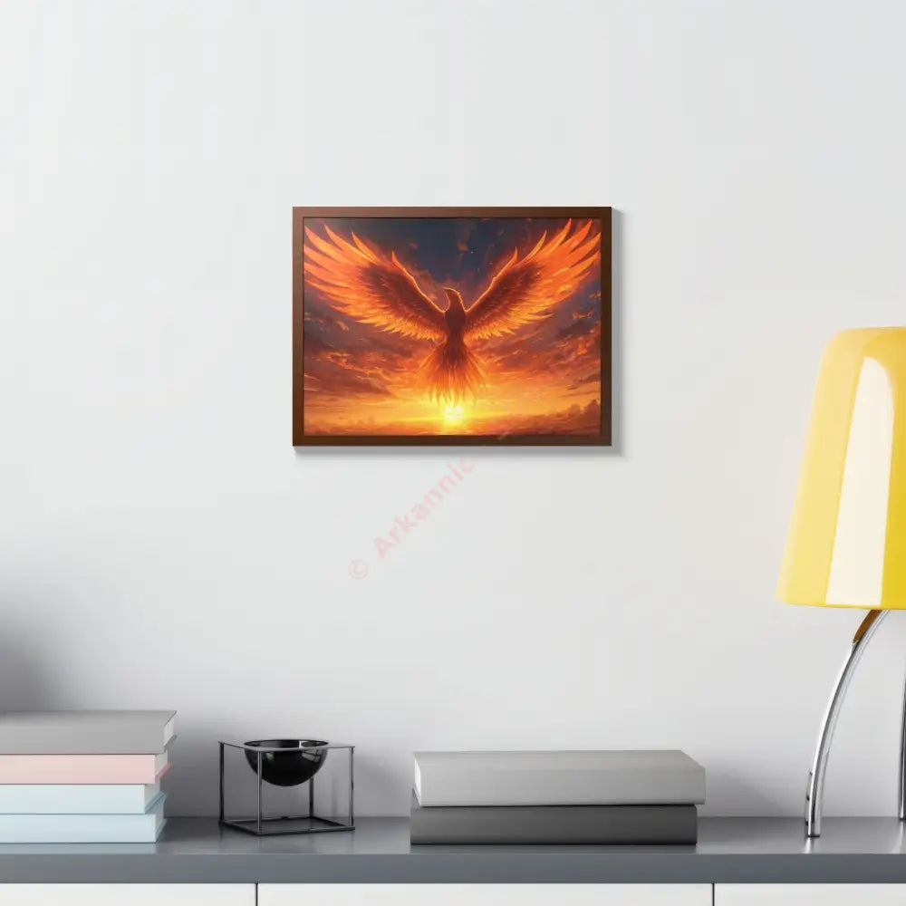 Framed Poster Majestic Phoenix Soaring Across a Blazing Sunset Sky Poster