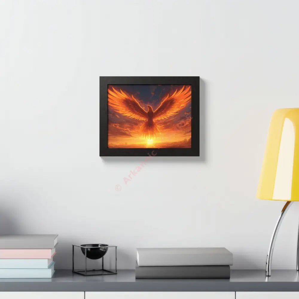 Framed Poster Majestic Phoenix Soaring Across a Blazing Sunset Sky Poster