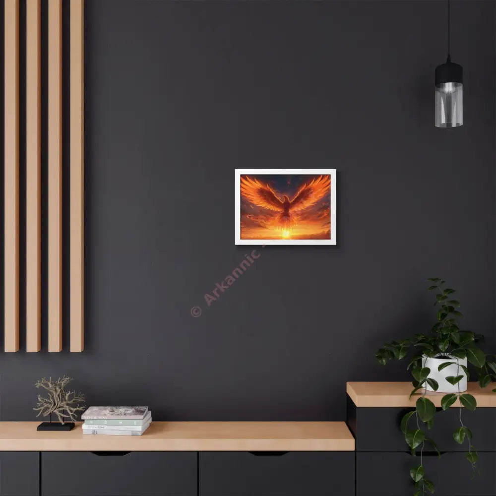 Framed Poster Majestic Phoenix Soaring Across a Blazing Sunset Sky Poster