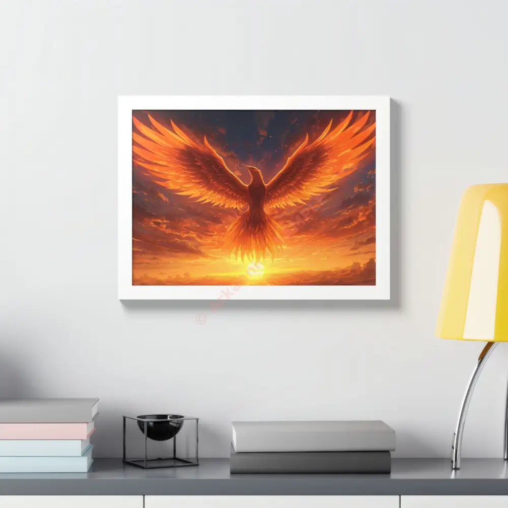 Framed Poster Majestic Phoenix Soaring Across a Blazing Sunset Sky Poster