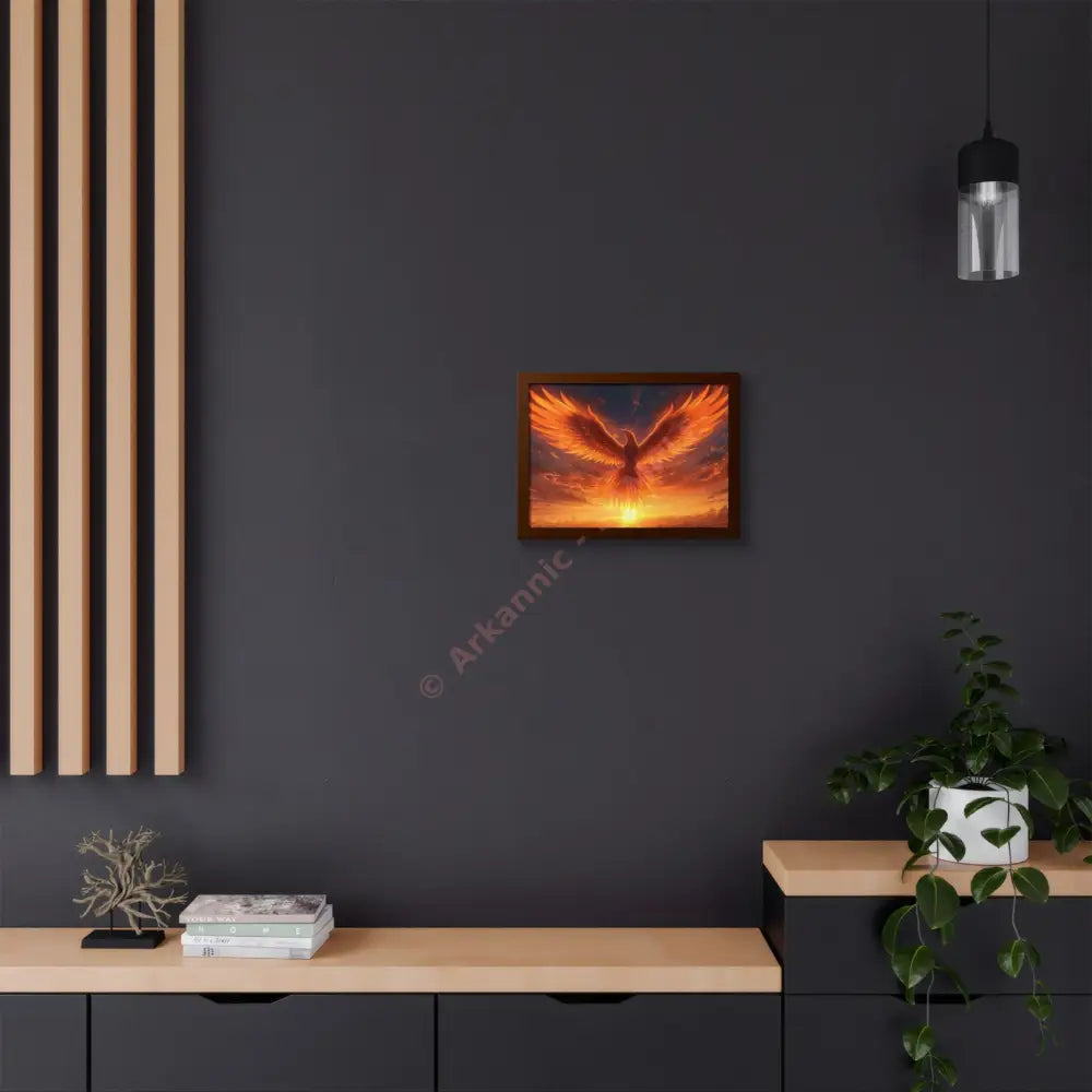 Framed Poster Majestic Phoenix Soaring Across a Blazing Sunset Sky Poster