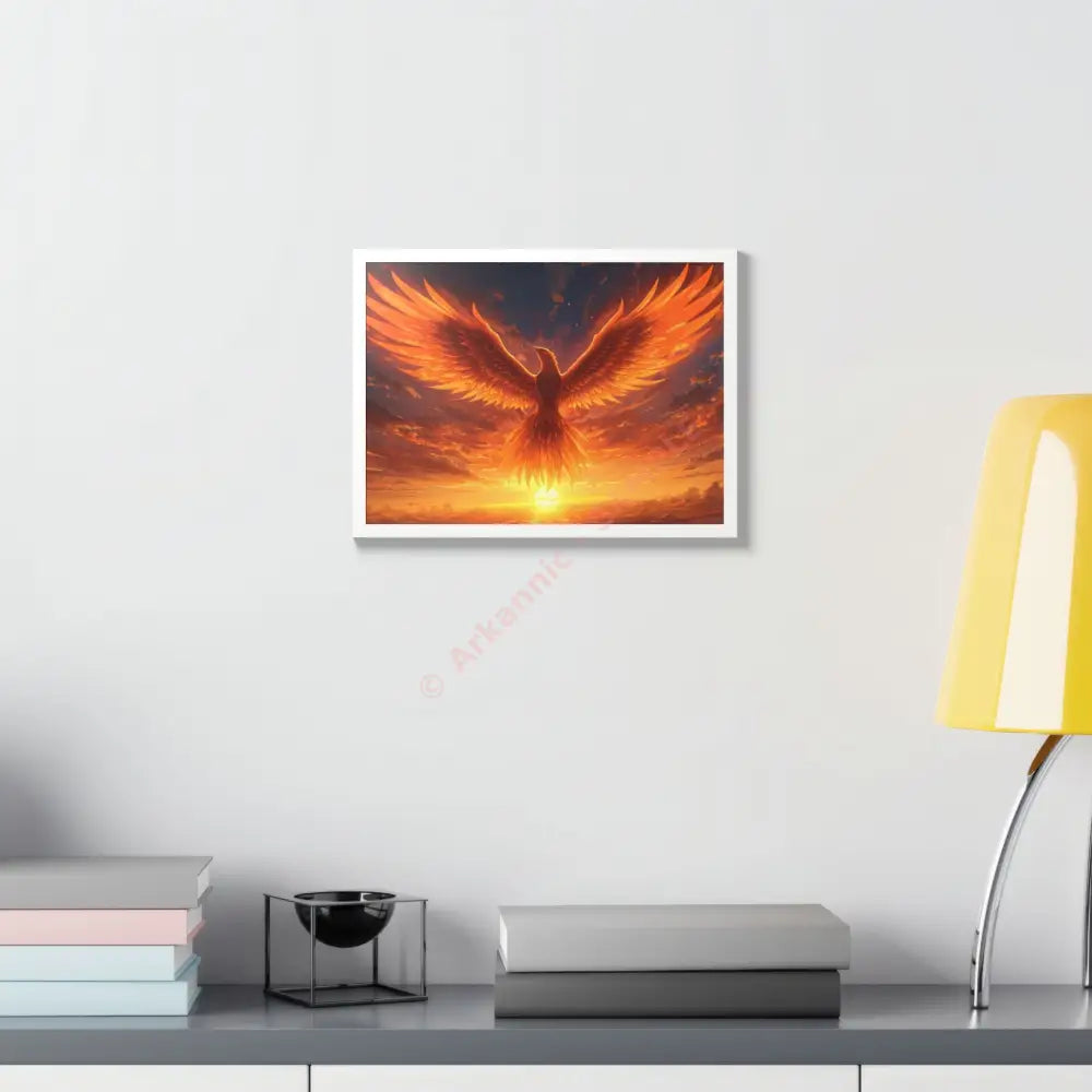 Framed Poster Majestic Phoenix Soaring Across a Blazing Sunset Sky Poster