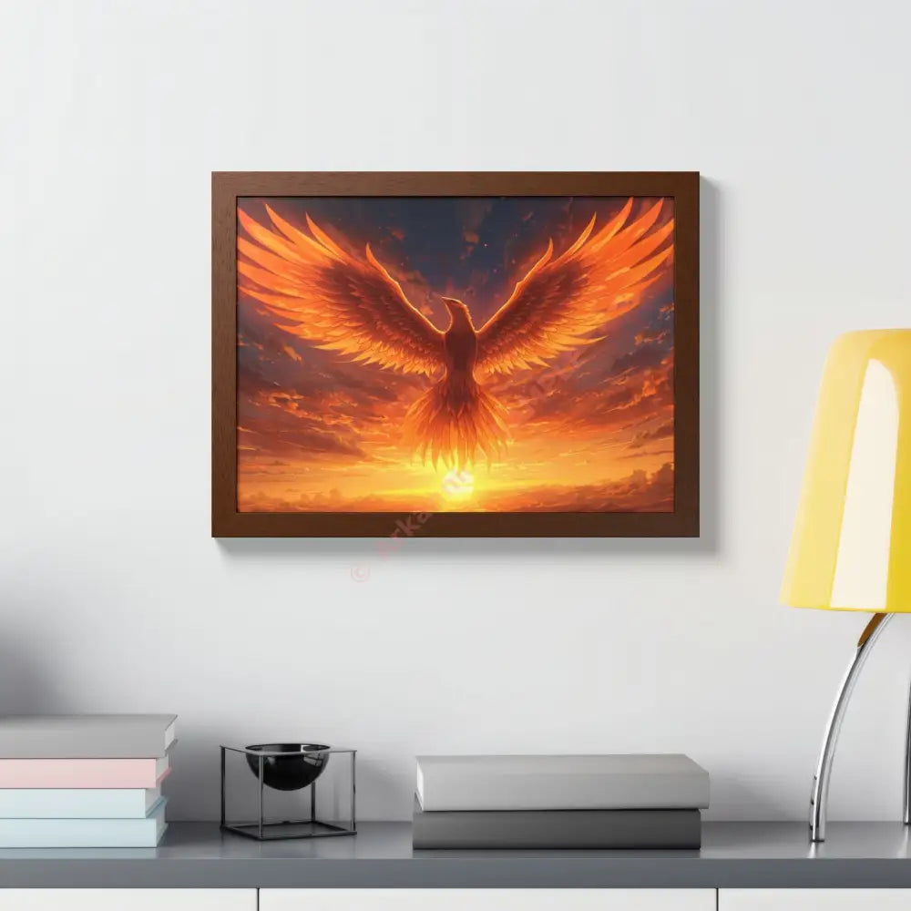Framed Poster Majestic Phoenix Soaring Across a Blazing Sunset Sky Poster