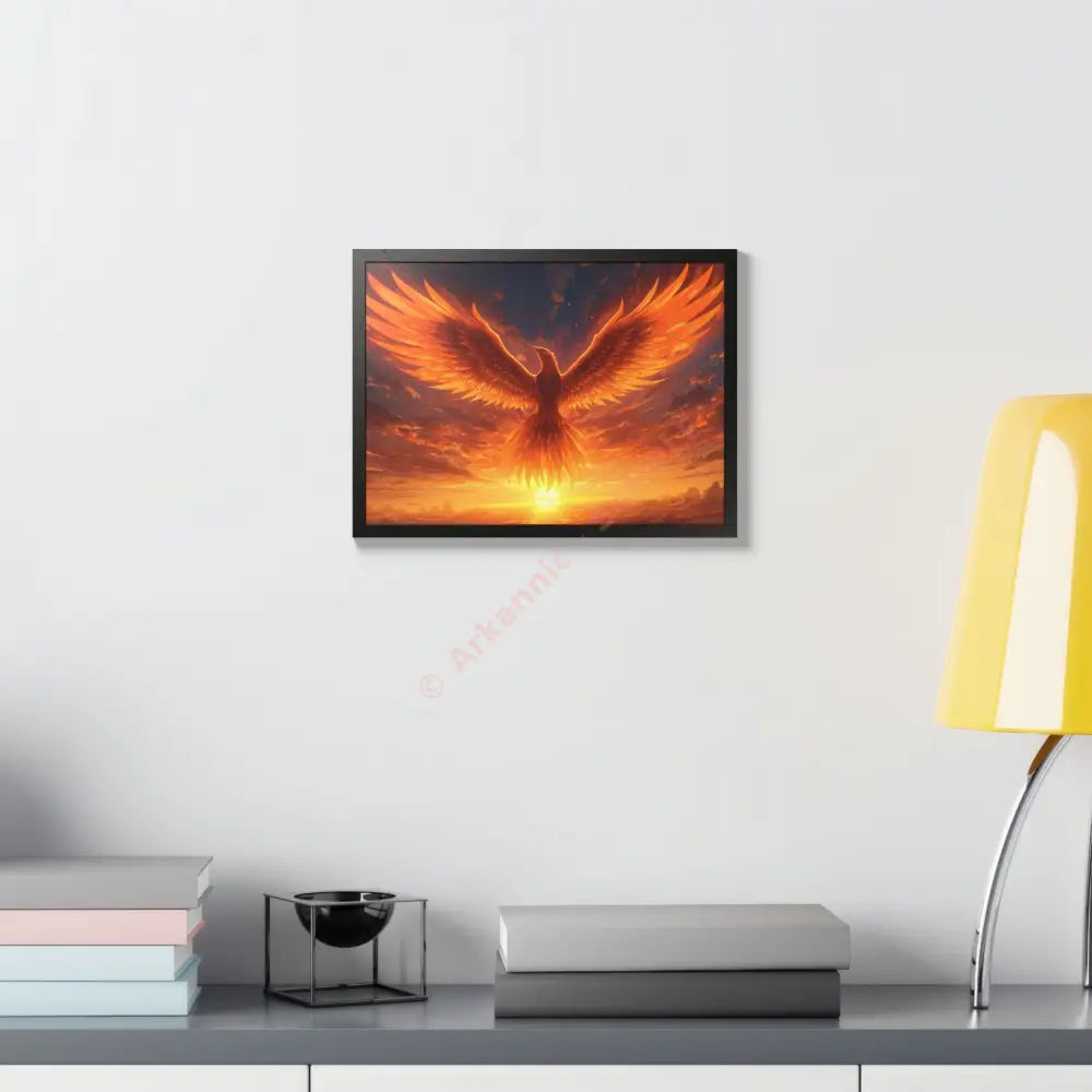 Framed Poster Majestic Phoenix Soaring Across a Blazing Sunset Sky Poster