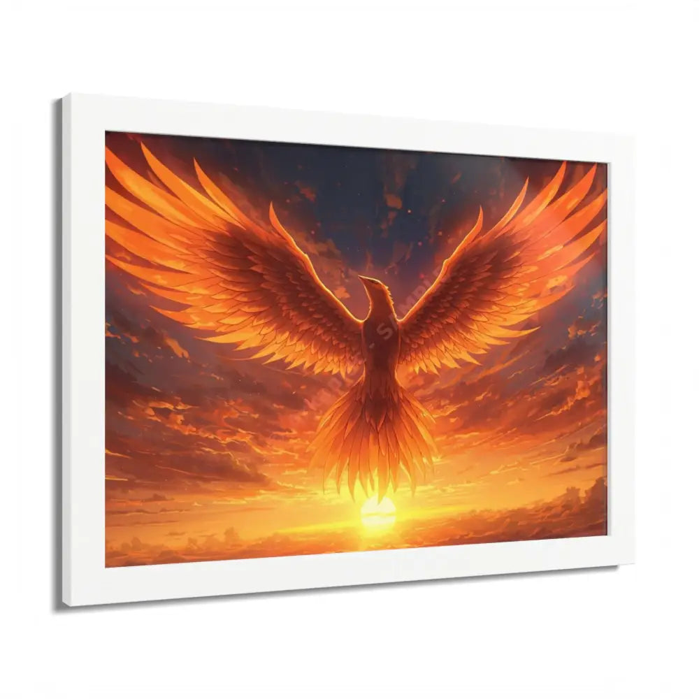 Framed Poster Majestic Phoenix Soaring Across a Blazing Sunset Sky Poster