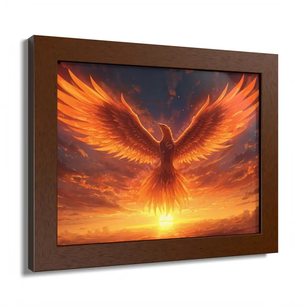 Framed Poster Majestic Phoenix Soaring Across a Blazing Sunset Sky Poster