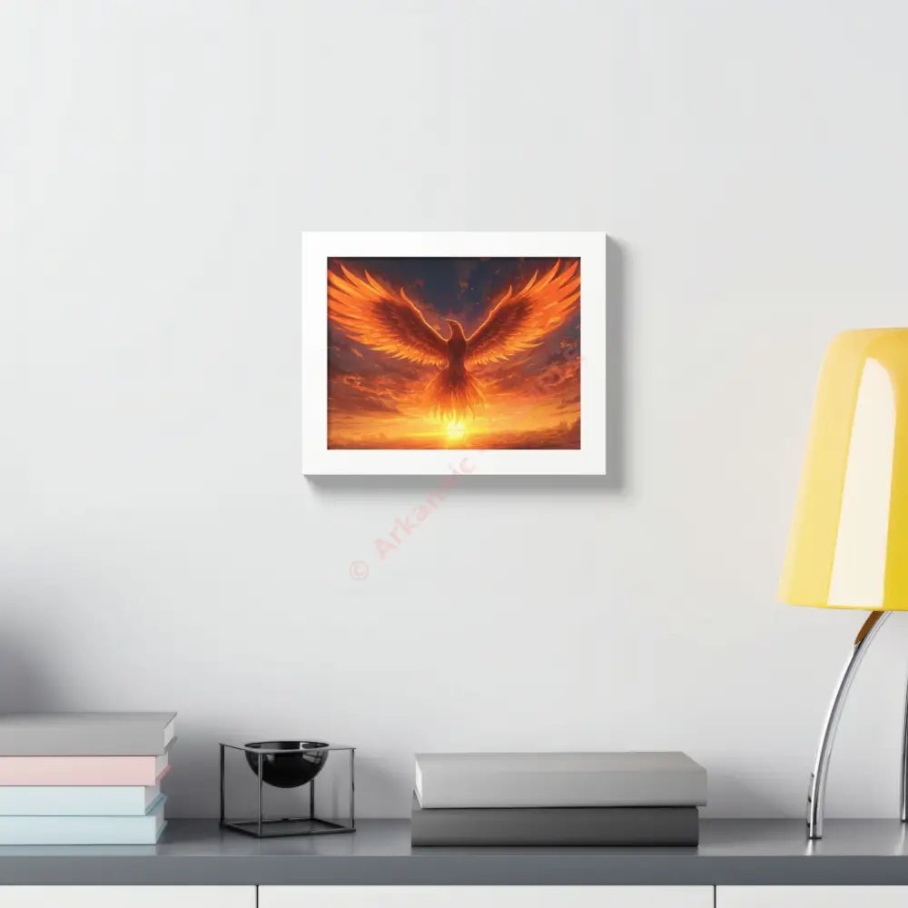 Framed Poster Majestic Phoenix Soaring Across a Blazing Sunset Sky Poster
