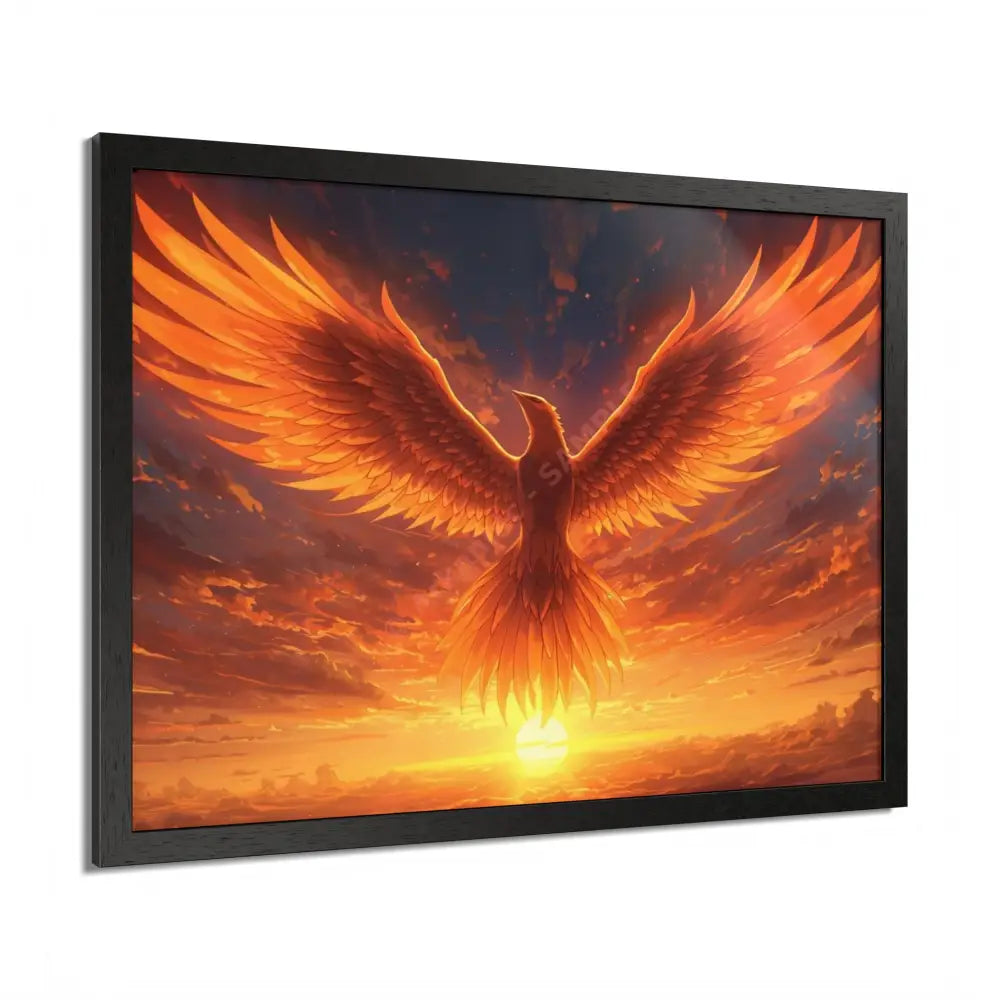 Framed Poster Majestic Phoenix Soaring Across a Blazing Sunset Sky Poster