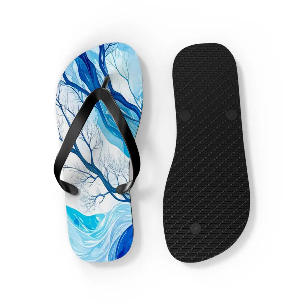 Frozen Whispers: Winter’s Ethereal Dance Blue Landscape Abstraction Flip Flop Shoes Shoes