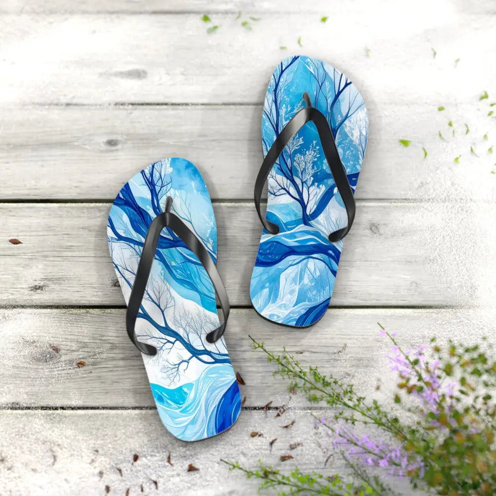 Frozen Whispers: Winter’s Ethereal Dance Blue Landscape Abstraction Flip Flop Shoes Shoes