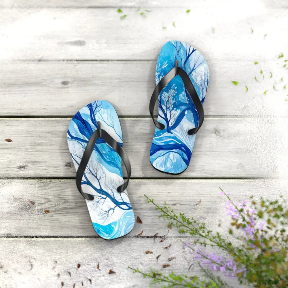 Frozen Whispers: Winter’s Ethereal Dance Blue Landscape Abstraction Flip Flop Shoes Shoes