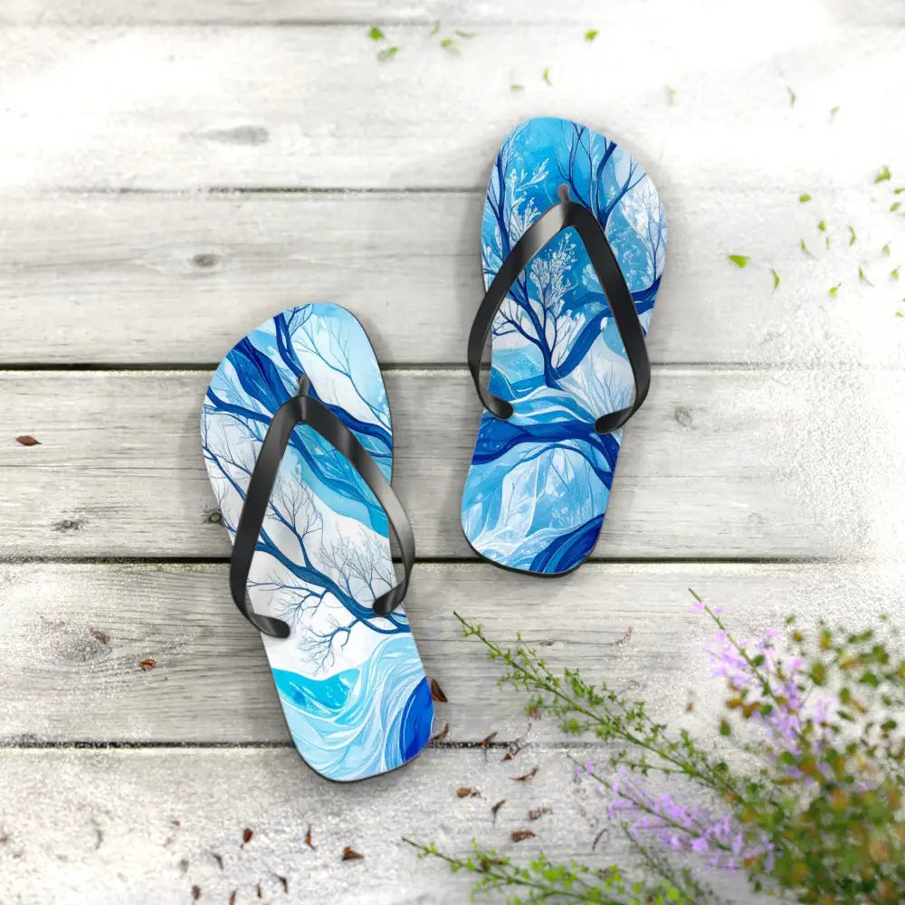 Frozen Whispers: Winter’s Ethereal Dance Blue Landscape Abstraction Flip Flop Shoes Shoes