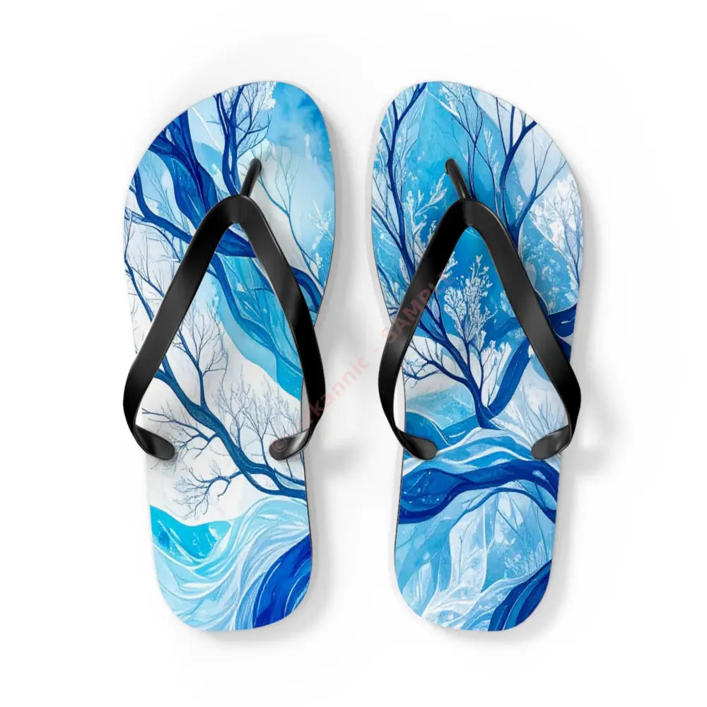 Frozen Whispers: Winter’s Ethereal Dance Blue Landscape Abstraction Flip Flop Shoes L / Black sole Shoes