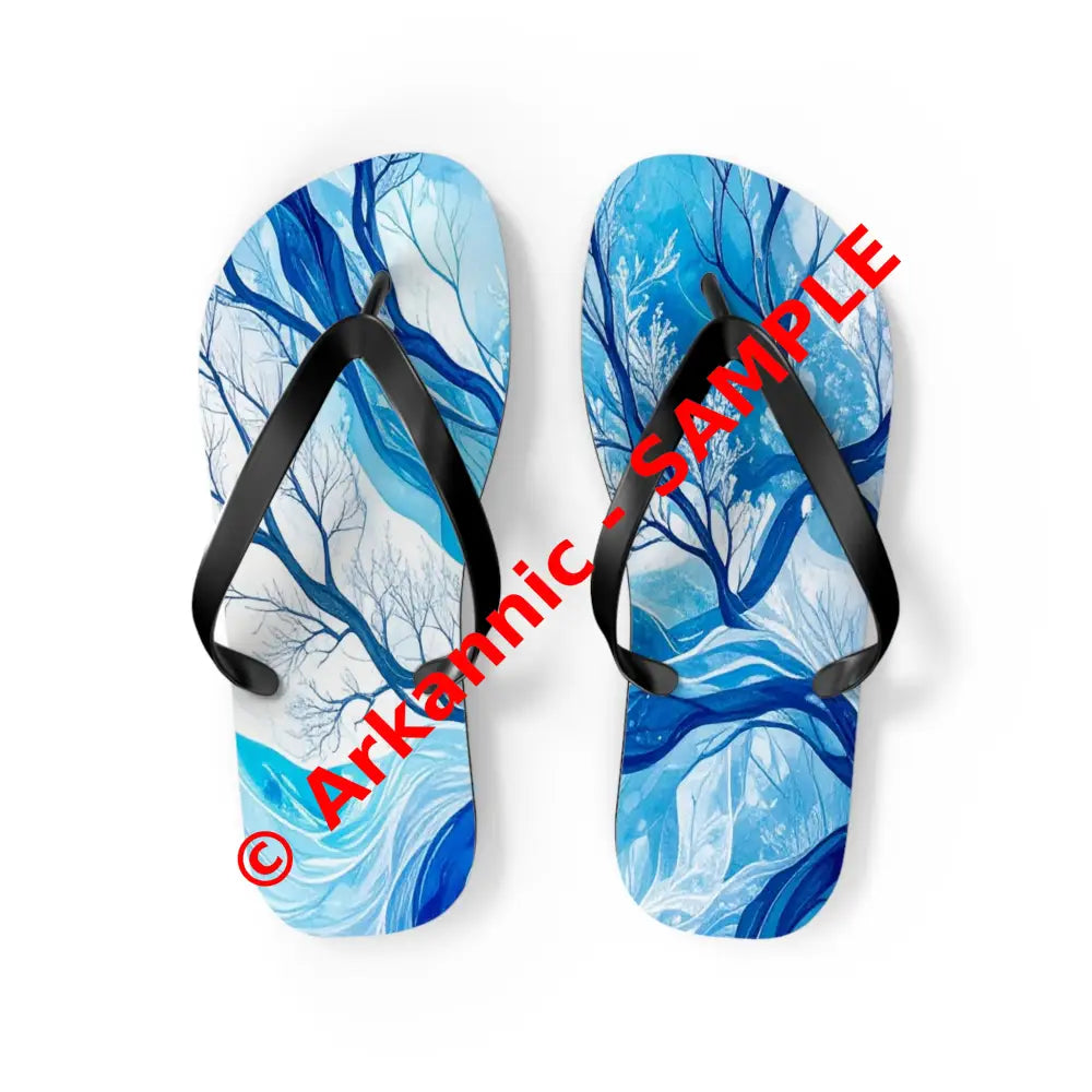 Frozen Whispers: Winter’s Ethereal Dance Blue Landscape Abstraction Flip Flop Shoes M / Black sole Shoes