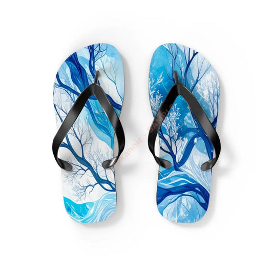 Frozen Whispers: Winter’s Ethereal Dance Blue Landscape Abstraction Flip Flop Shoes S / Black sole Shoes