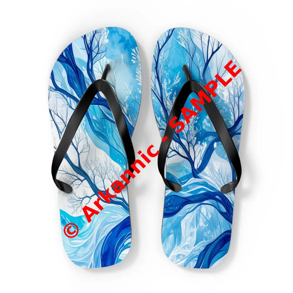 Frozen Whispers: Winter’s Ethereal Dance Blue Landscape Abstraction Flip Flop Shoes XL / Black sole Shoes
