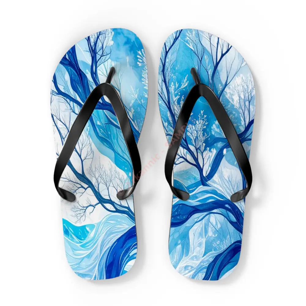 Frozen Whispers: Winter’s Ethereal Dance Blue Landscape Abstraction Flip Flop Shoes XL / Black sole Shoes