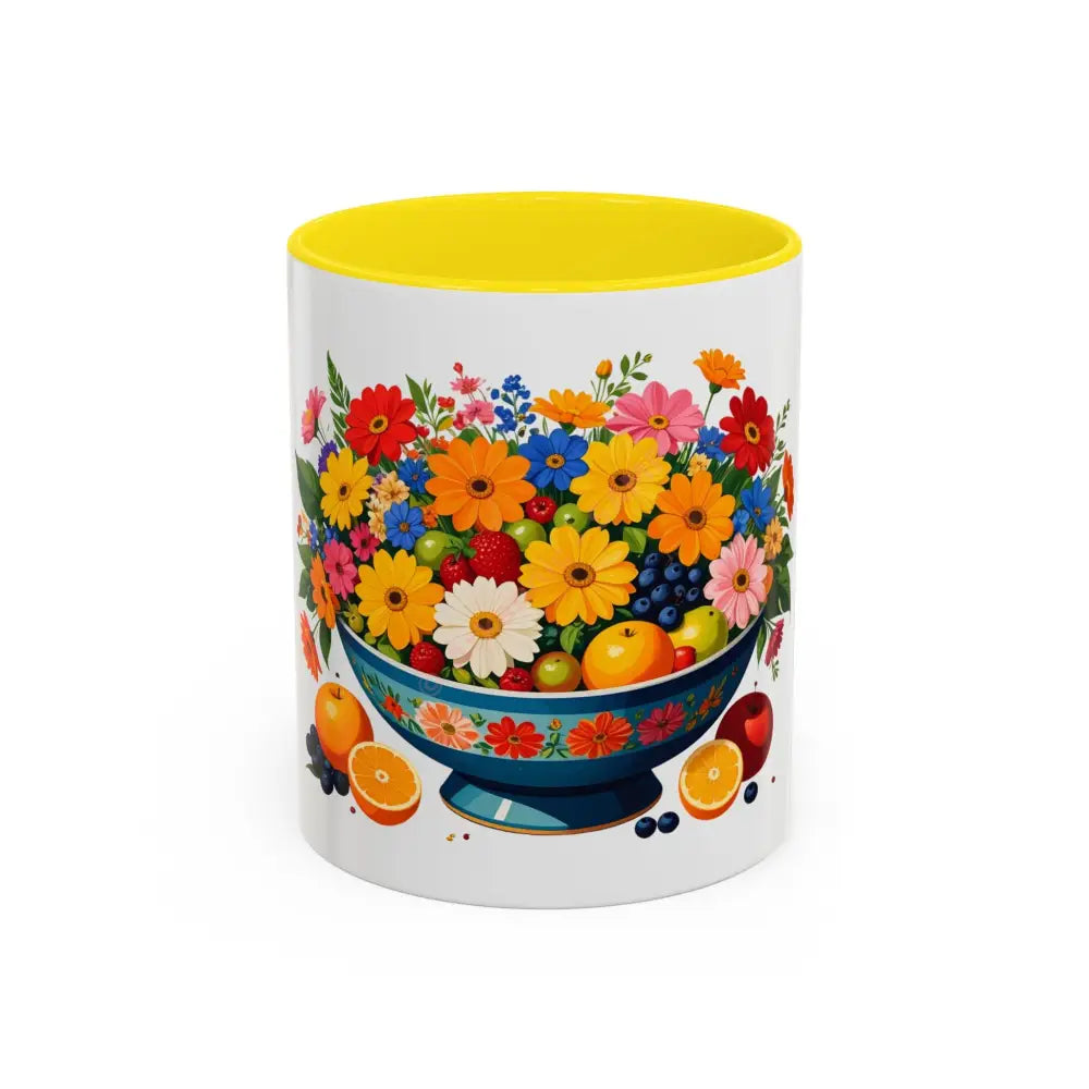 Fruit and Flower Coffee Mug | Blue Floral Bowl Design | Colorful Nature-Inspired Gift for Coffee Lovers 11oz / Yellow