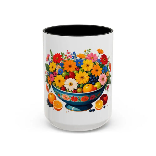 Fruit and Flower Coffee Mug | Blue Floral Bowl Design | Colorful Nature-Inspired Gift for Coffee Lovers 15oz / Black Mug
