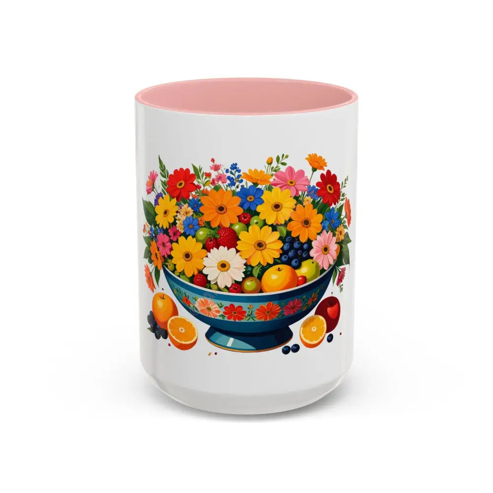 Fruit and Flower Coffee Mug | Blue Floral Bowl Design | Colorful Nature-Inspired Gift for Coffee Lovers 15oz / Pink Mug