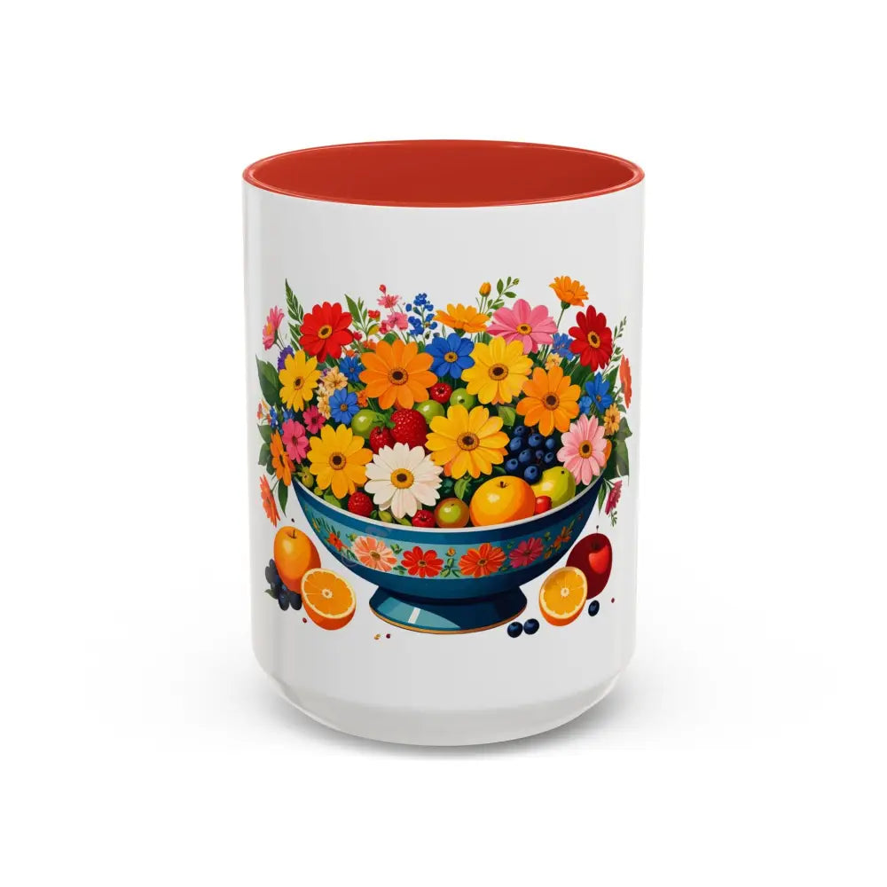 Fruit and Flower Coffee Mug | Blue Floral Bowl Design | Colorful Nature-Inspired Gift for Coffee Lovers 15oz / Red Mug