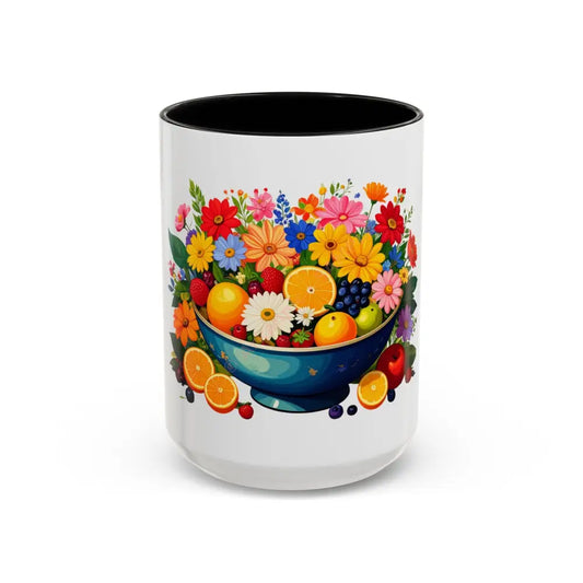 Fruit and Flower Coffee Mug | Colorful Floral Bowl Design | Bright Gift for Coffee & Tea Lovers 15oz / Black Mug