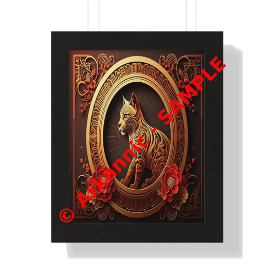 Gilded Feline Majesty: Asian-Inspired Ornamental Cat Portrait Intricate Decorative Digital ArtFramed Verticle Poster