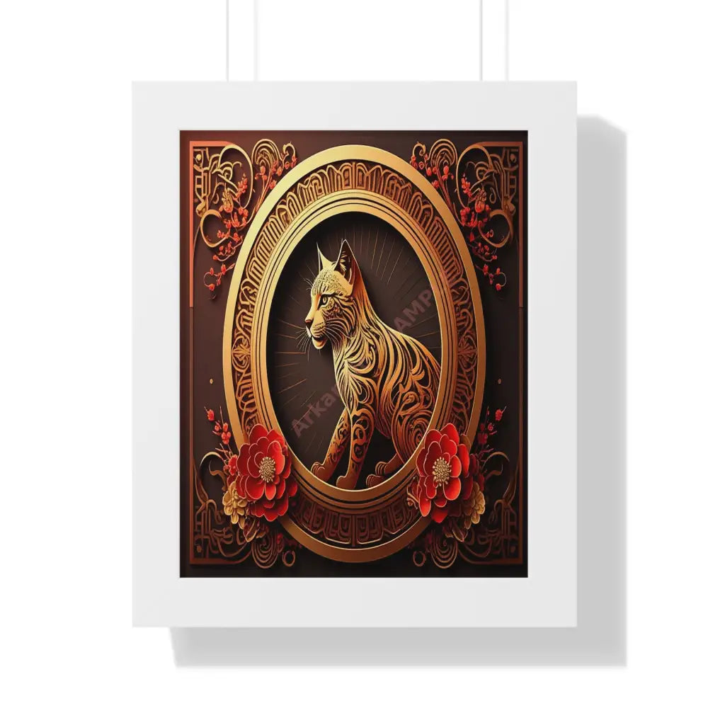 Gilded Feline Majesty: Asian-Inspired Ornamental Cat Portrait Intricate Decorative Digital ArtFramed Verticle Poster